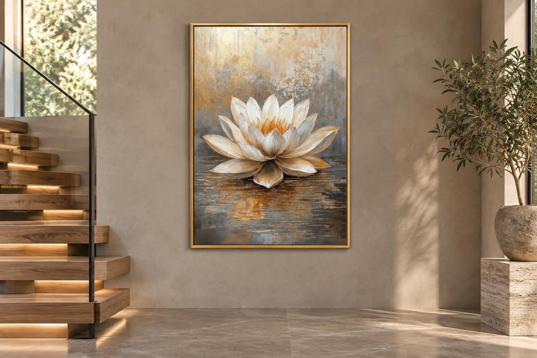 Vertical canvas wall art of a white and gold lotus flower in a gold frame on a neutral wall.