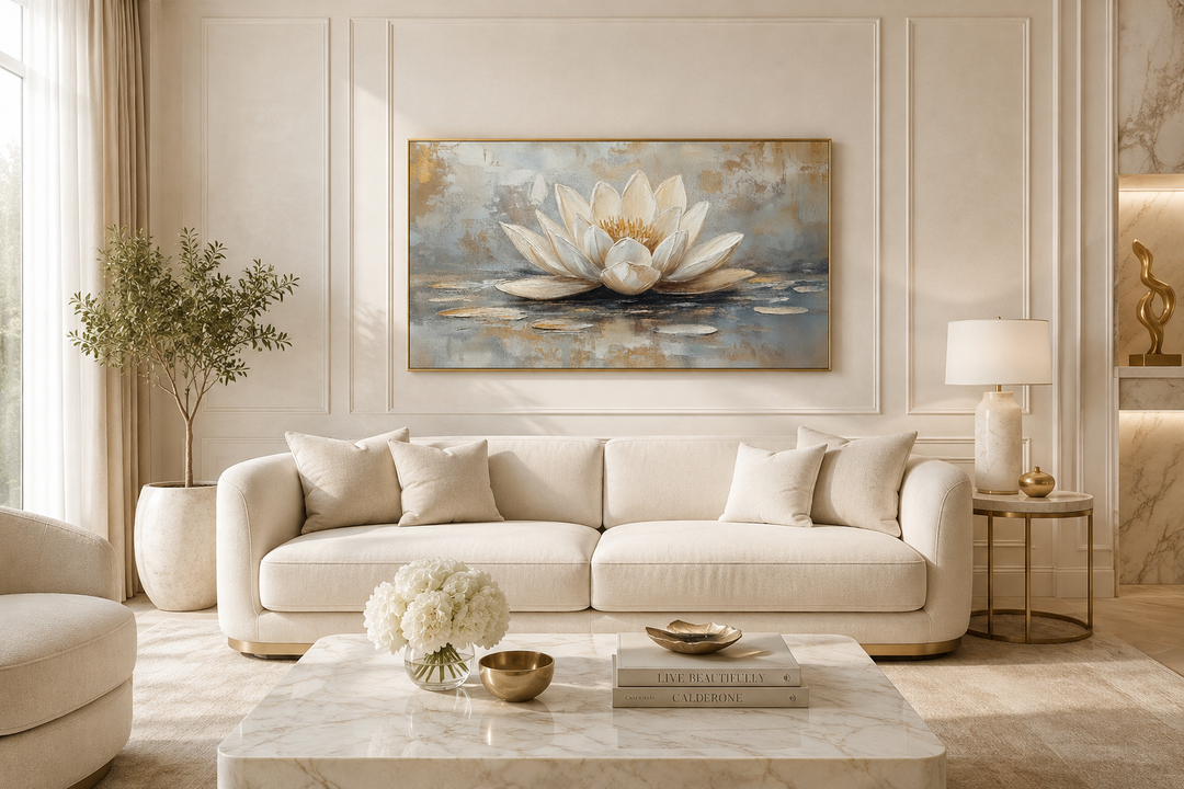 Framed canvas wall art featuring a white and gold lotus flower painting above a neutral sofa.