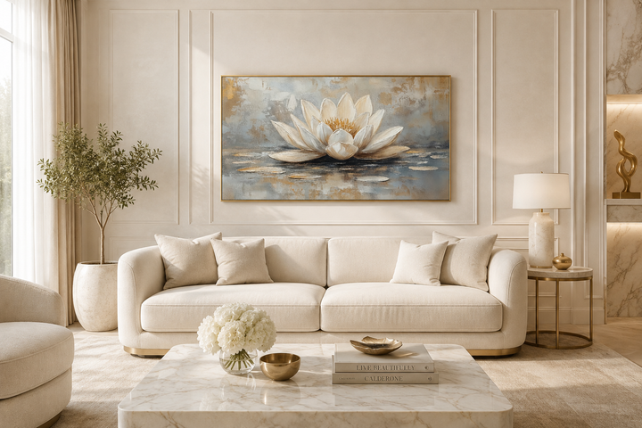Framed canvas wall art featuring a white and gold lotus flower painting above a neutral sofa.