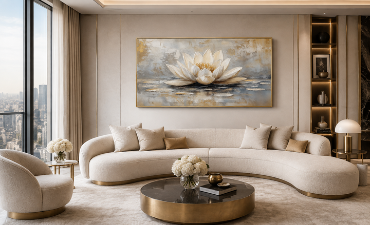 Framed canvas wall art featuring a white and gold lotus flower above a modern curved sofa.