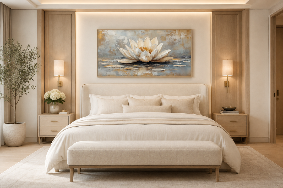 Framed canvas wall art featuring a white and gold lotus flower above a bed in a neutral room.