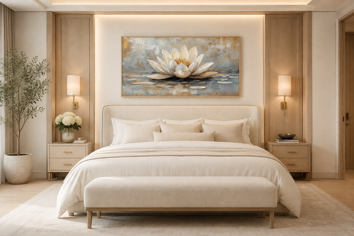 Framed canvas wall art featuring a white and gold lotus flower above a bed in a neutral room.
