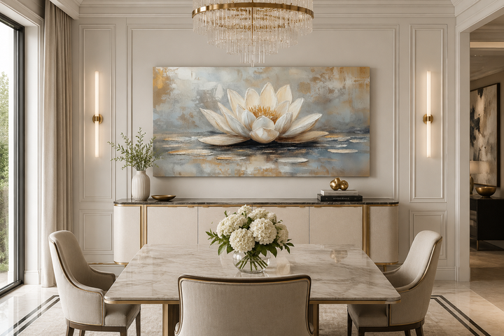 White gold neutral lotus flower framed canvas wall art above a console in a modern dining room.