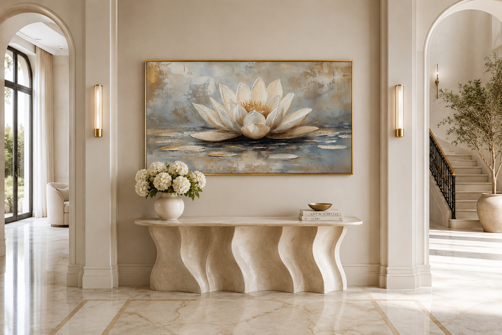 Framed canvas wall art of a white and gold lotus flower above a wavy console table in a zen room.