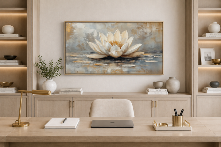 White and gold abstract lotus flower framed canvas wall art in a neutral zen-style office.