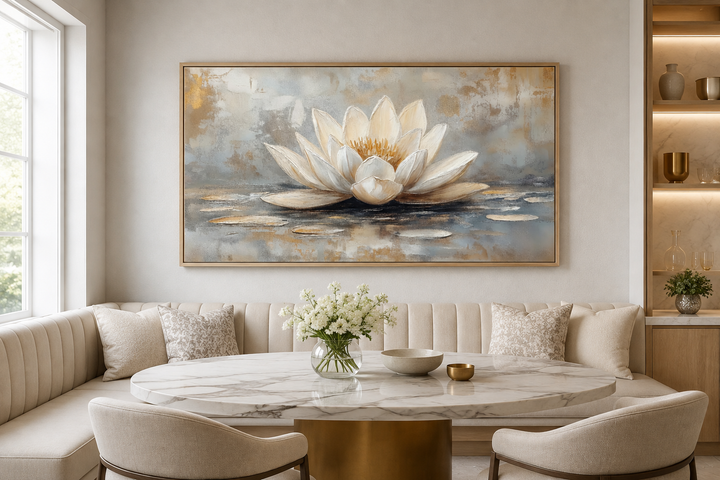 Framed canvas wall art of a white and gold lotus flower above a neutral dining nook.