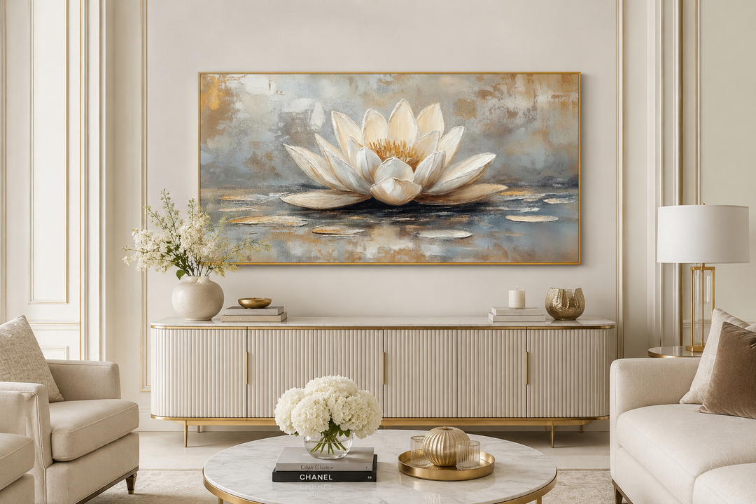 Framed canvas wall art featuring a white and gold lotus flower above a modern white sideboard.