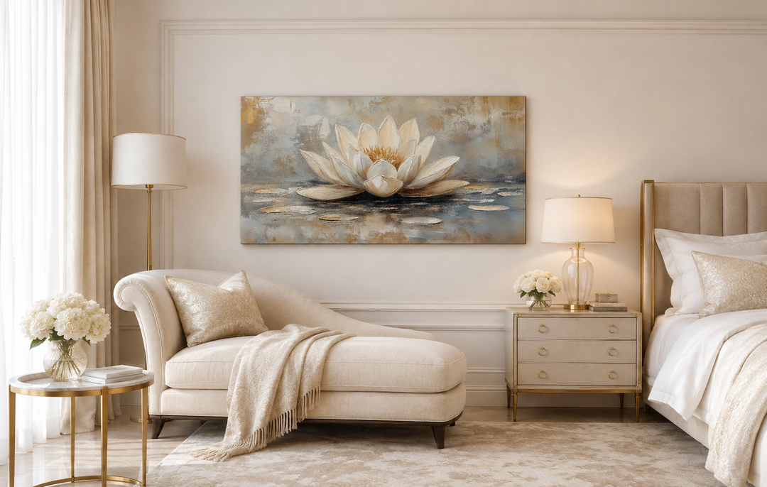 White and gold abstract lotus flower framed canvas wall art in a neutral-toned bedroom setting.
