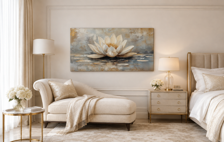 White and gold abstract lotus flower framed canvas wall art in a neutral-toned bedroom setting.