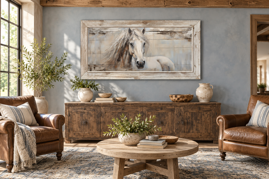 Rustic white horse painting in a distressed wood frame above a wooden sideboard in a living room.