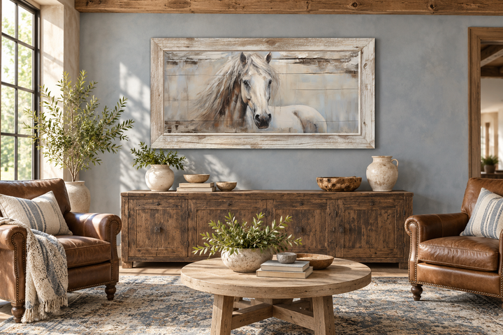 Rustic white horse painting in a distressed wood frame above a wooden sideboard in a living room.