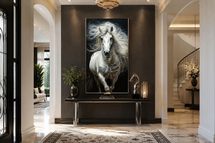 Vertical canvas print of a white horse with a flowing mane against a dark background in an entryway.