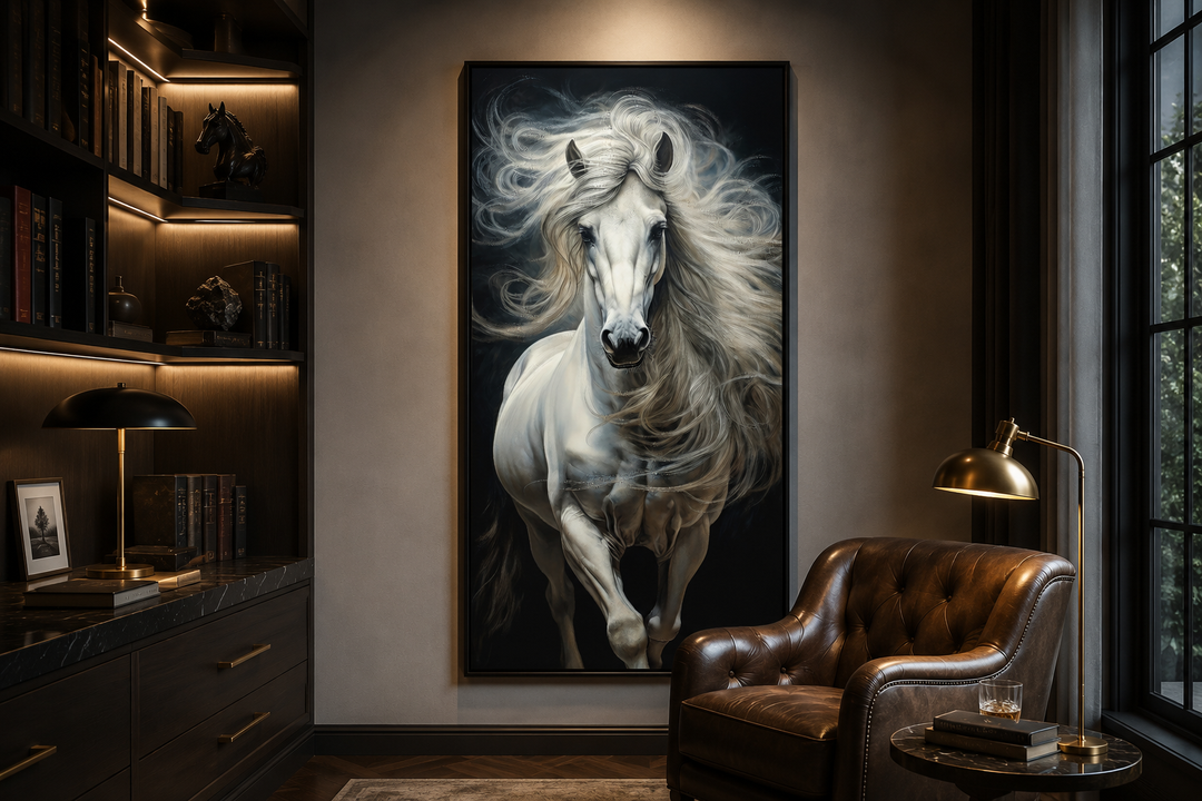 Vertical canvas print of a majestic white horse with a flowing mane against a dark background.