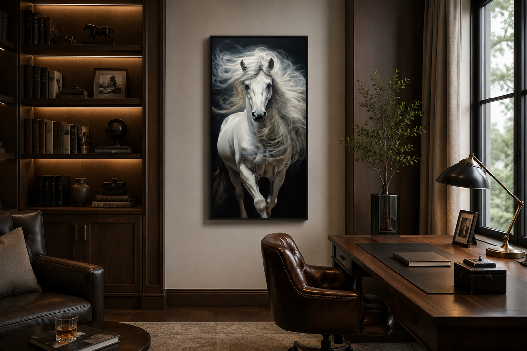 Vertical canvas print of a white horse with a flowing mane against a black background in a study.