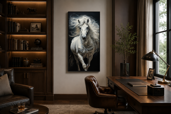 Vertical canvas print of a white horse with a flowing mane against a black background in a study.