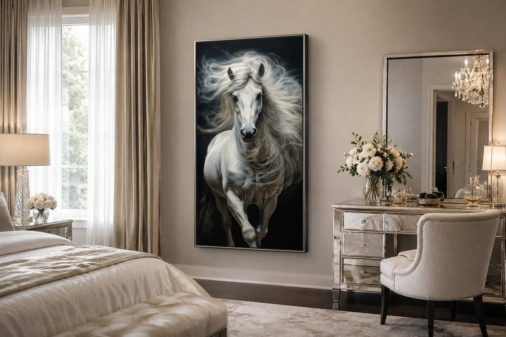 Vertical canvas print of a majestic white horse with a flowing mane against a black background.