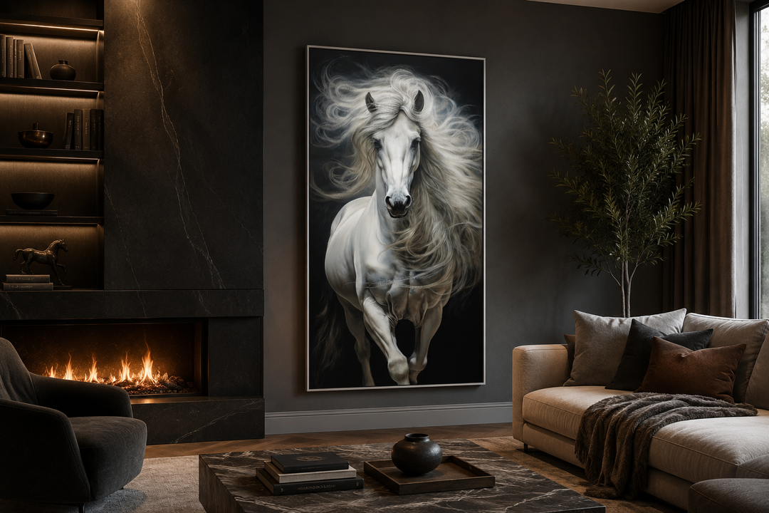 Vertical canvas print of a majestic white horse with a flowing mane against a dark background.