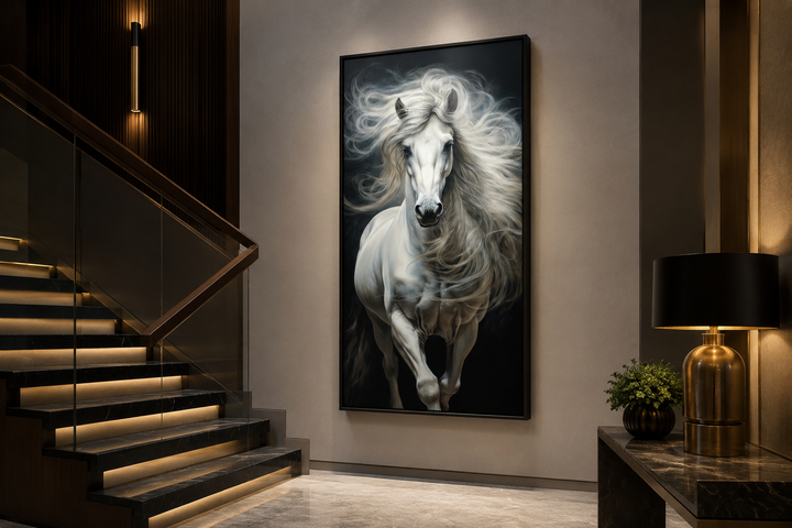 Vertical canvas print of a white horse with a flowing mane against a black background in a hallway.