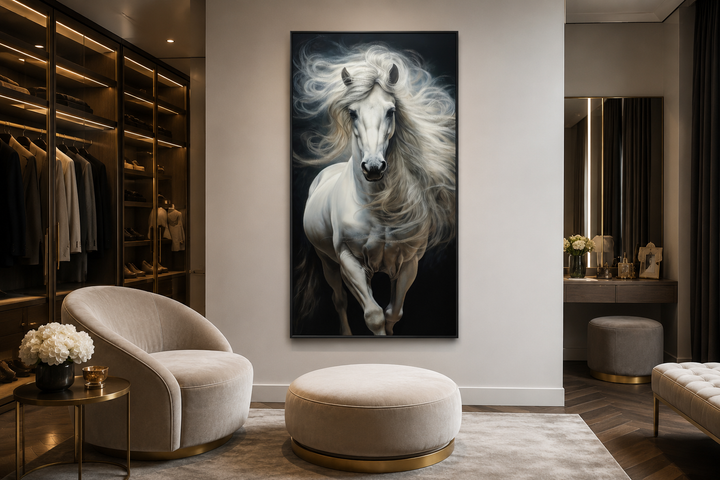 Vertical canvas print of a majestic white horse with a flowing mane on a dark background.
