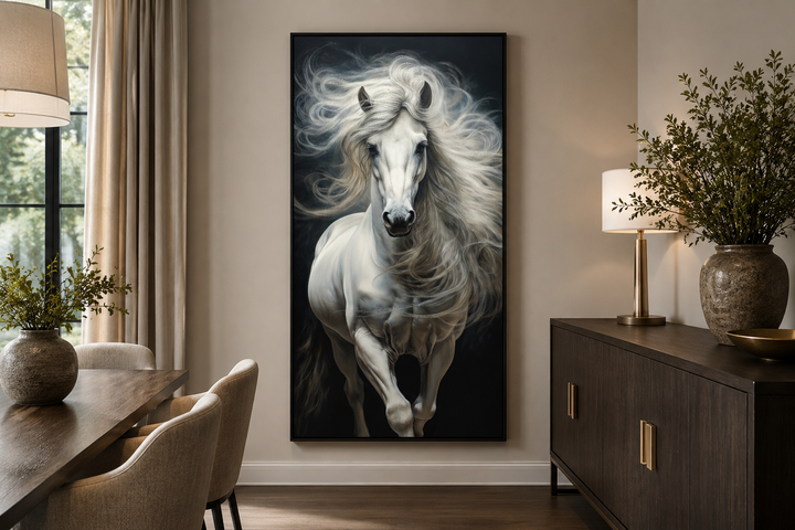 Vertical canvas print of a majestic white horse with a flowing mane against a black background.