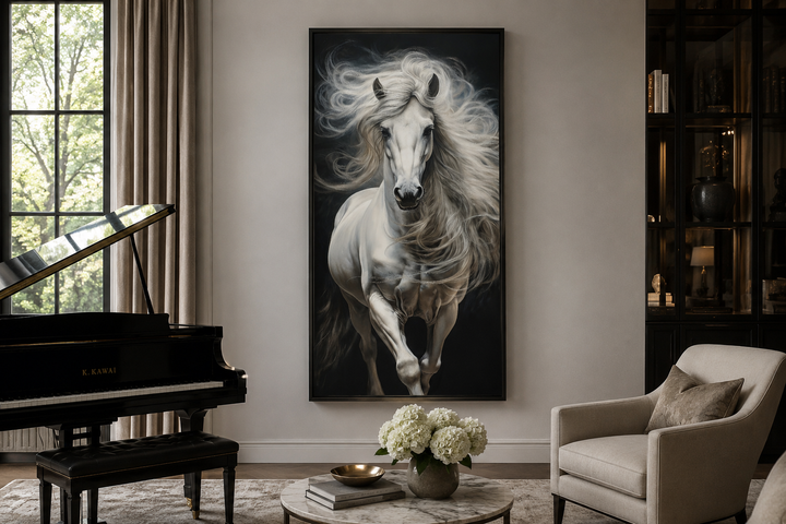 Tall vertical canvas print of a white horse with a flowing mane against a black background.