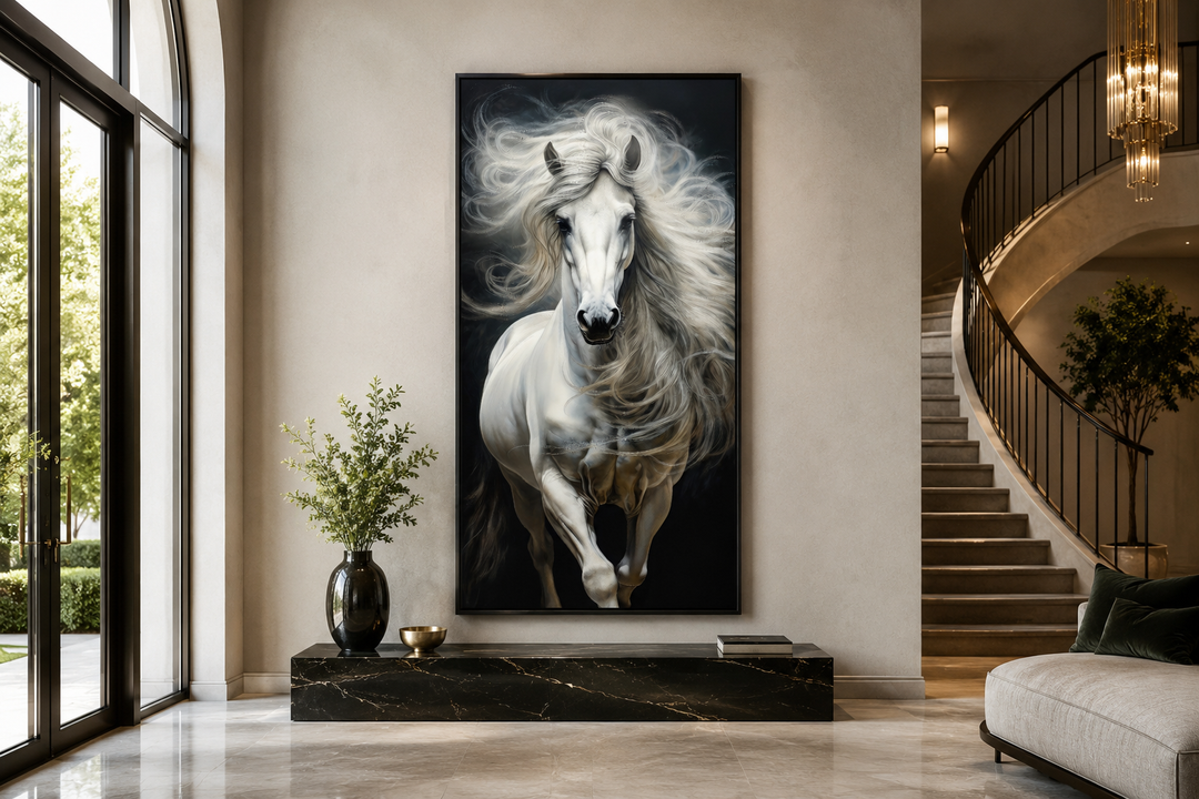 Vertical canvas print of a majestic white horse with a flowing mane against a black background.