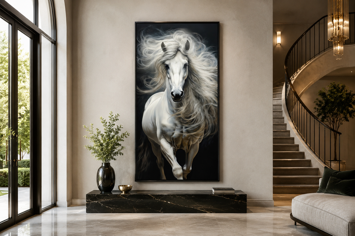 Vertical canvas print of a majestic white horse with a flowing mane against a black background.