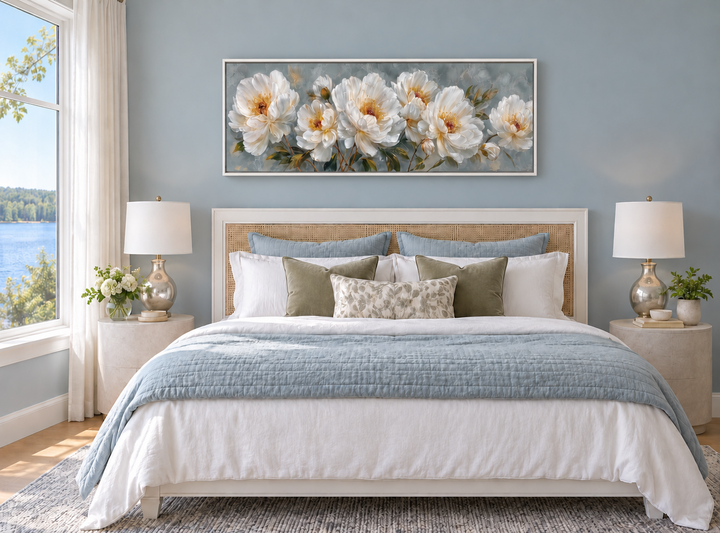 White Cream Peonies long horizontal floral framed canvas wall art hung above a bed.