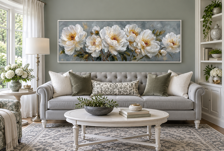 White Cream Peonies Long Horizontal Floral Framed Canvas Wall Art above a grey sofa.