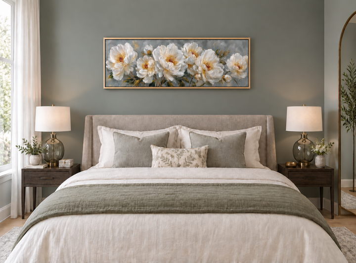 White cream peonies long horizontal floral framed canvas wall art hanging above a bed.
