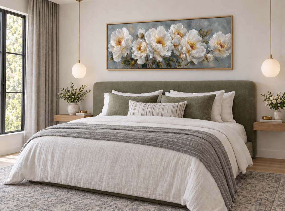 White Cream Peonies Long Horizontal Floral Framed Canvas Wall Art above a bed in a neutral bedroom.