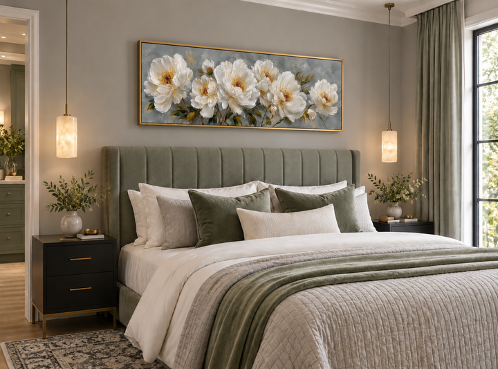 White cream peonies long horizontal floral framed canvas wall art hanging above a bed.