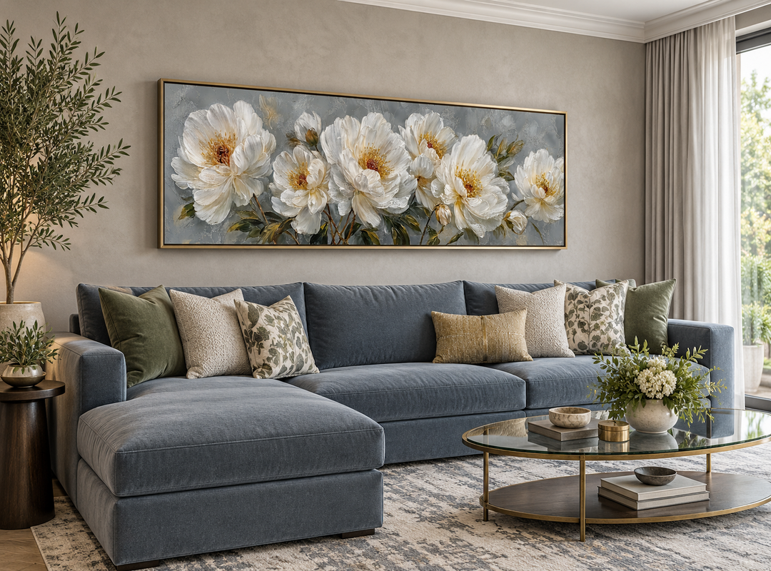 White cream peonies long horizontal framed canvas wall art above a blue sectional sofa.