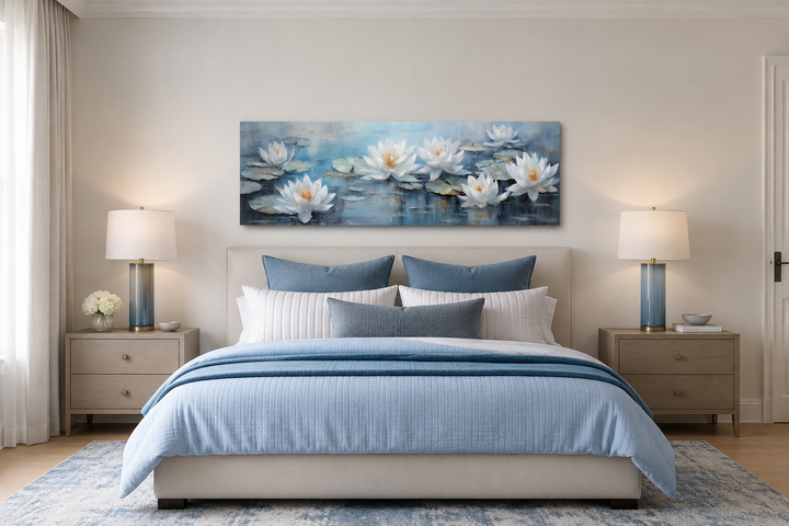 White lotus flowers horizontal narrow canvas wall art above a bed in a blue and white bedroom.