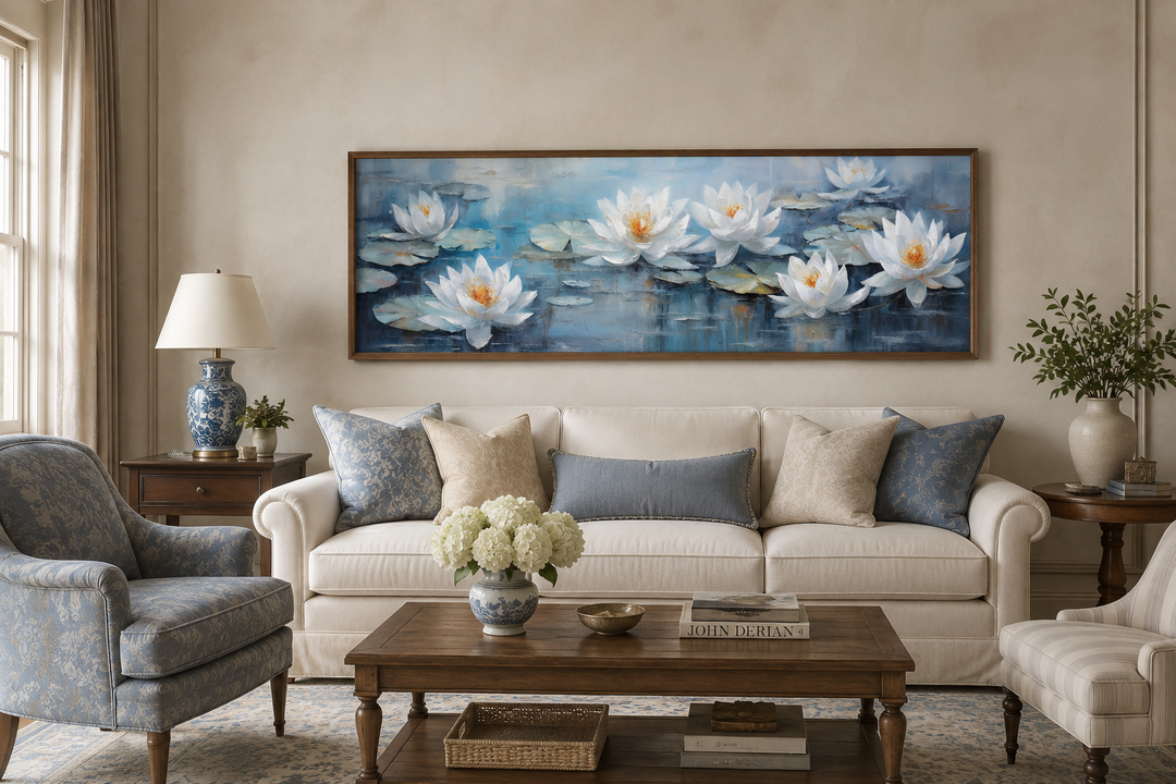 White lotus flowers horizontal narrow canvas wall art above a sofa in a living room.