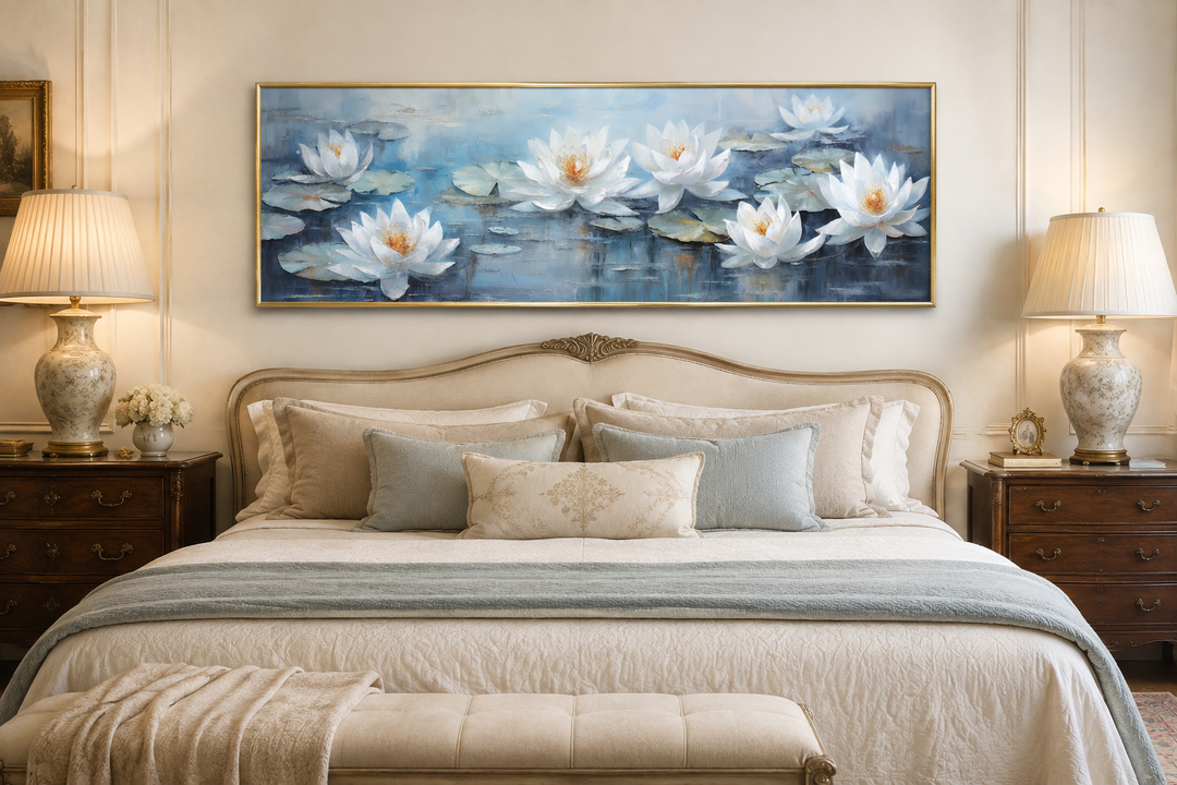 Horizontal canvas wall art of white lotus flowers on a blue pond, displayed above a bed.