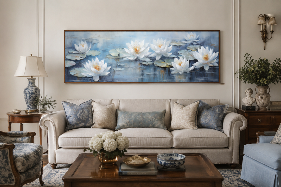 Horizontal canvas wall art of white lotus flowers on a blue pond above a beige sofa.