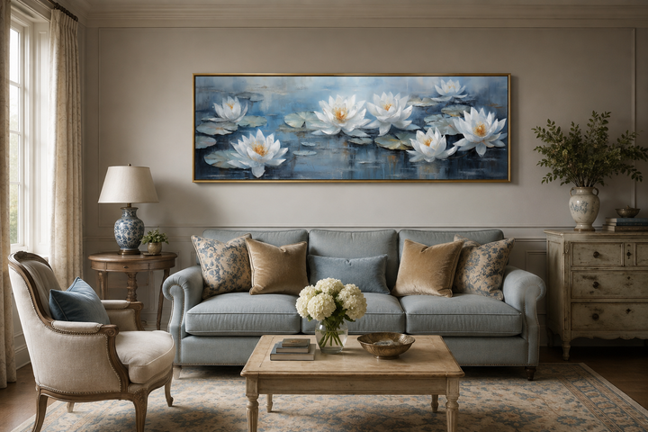 Horizontal canvas wall art of white lotus flowers on a blue pond above a blue sofa.