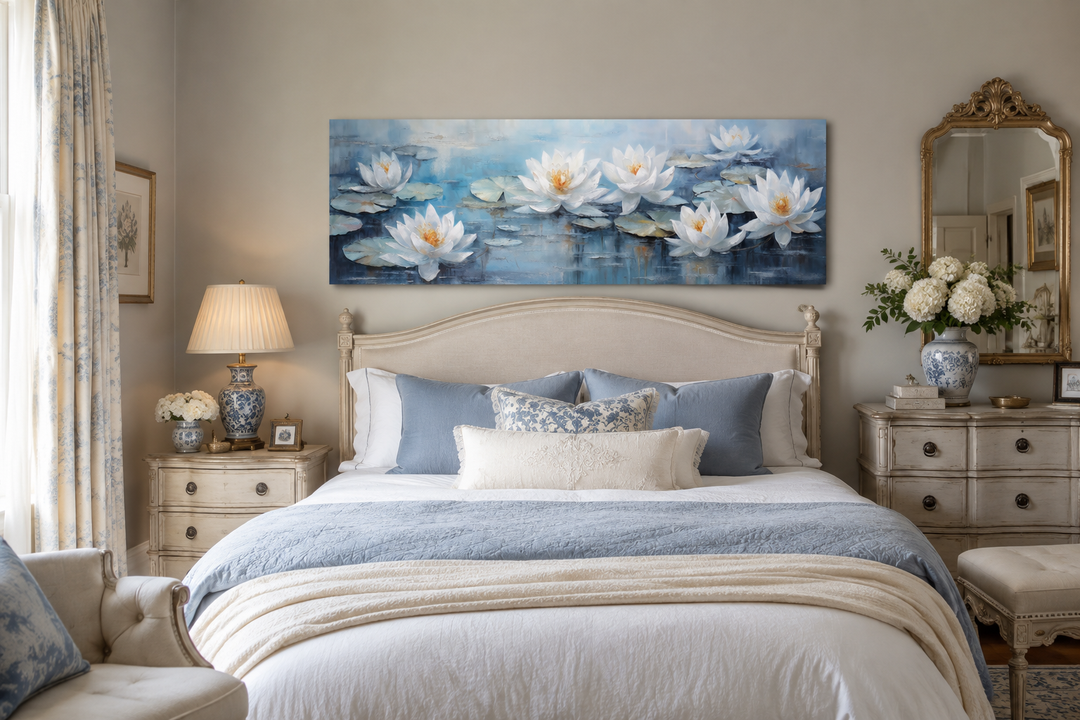 White lotus flowers horizontal narrow canvas wall art above a bed in a blue and white bedroom.