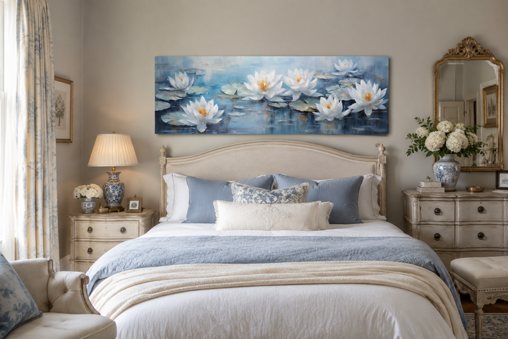 White lotus flowers horizontal narrow canvas wall art above a bed in a blue and white bedroom.