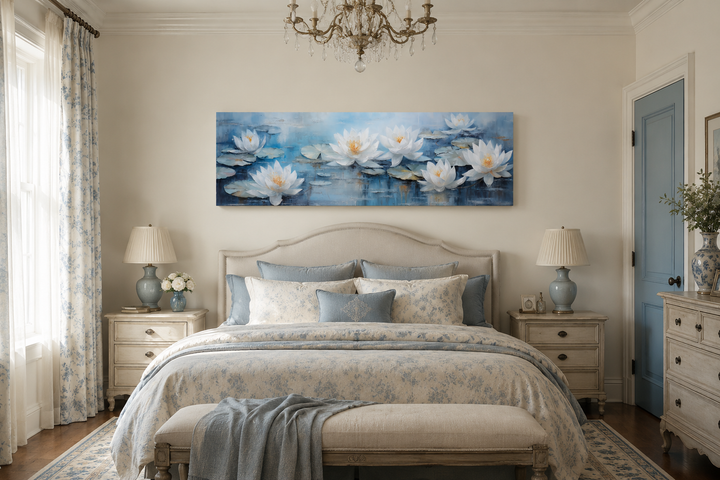 Horizontal canvas wall art of white lotus flowers on a blue pond, hanging above a bed.