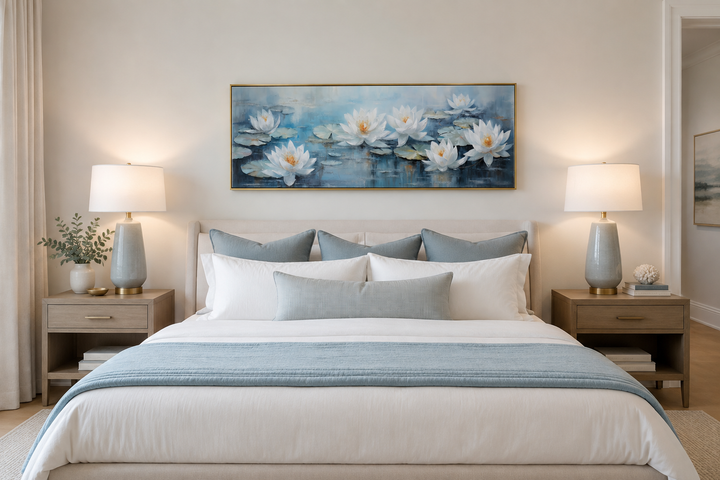 Horizontal canvas wall art of white lotus flowers on a blue pond, hanging above a bed.