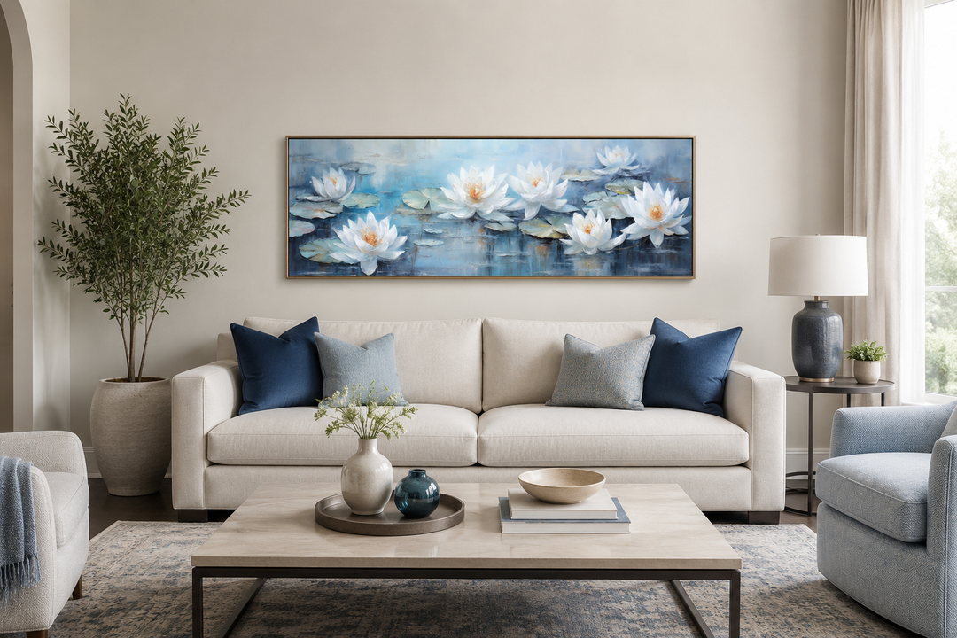 Horizontal canvas wall art of white lotus flowers on a blue pond above a cream sofa.