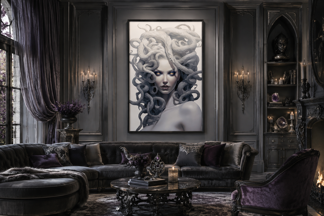 White Medusa Greek Gorgon framed canvas wall art in a dark, gothic-style living room.
