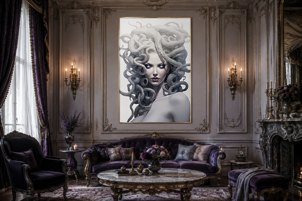 White Medusa Greek Gorgon framed canvas wall art in a classic living room with purple furniture.