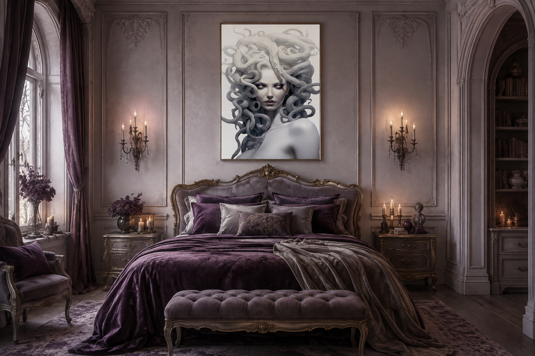 White Medusa Greek Gorgon framed canvas wall art hanging above a purple velvet bed in a bedroom.