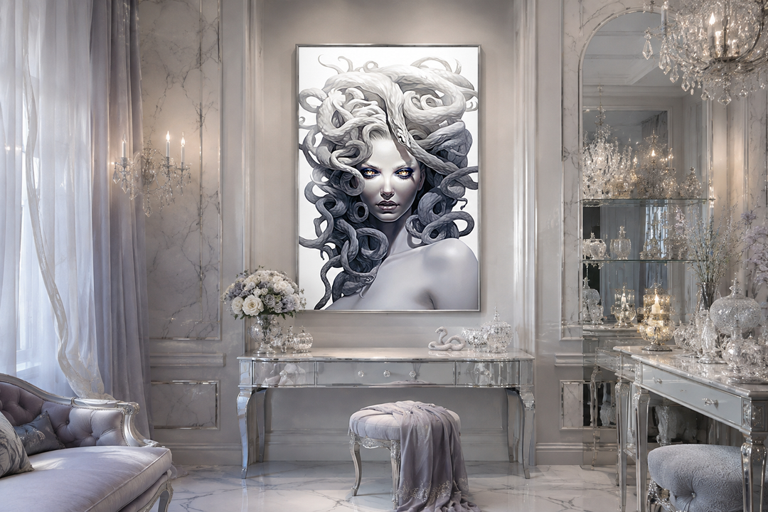 White Medusa Greek Gorgon framed canvas wall art in a monochromatic palette with snake-adorned hair.