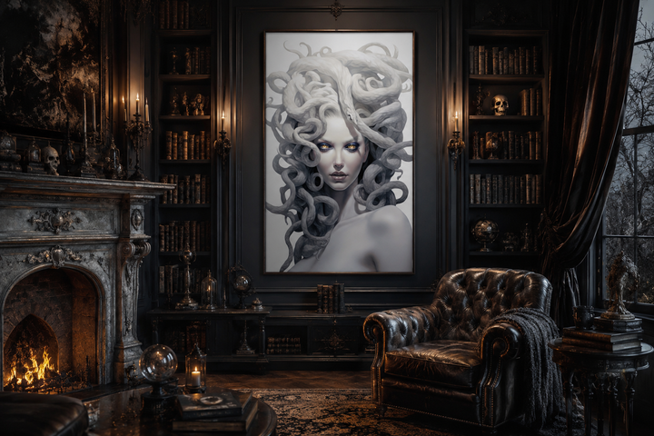 White Medusa Greek Gorgon framed canvas wall art in a dark, gothic-style library setting.