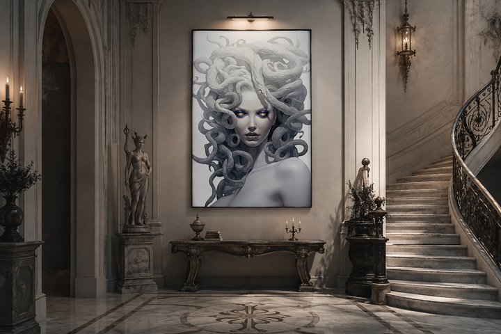White Medusa Greek Gorgon framed canvas wall art in a monochromatic palette.