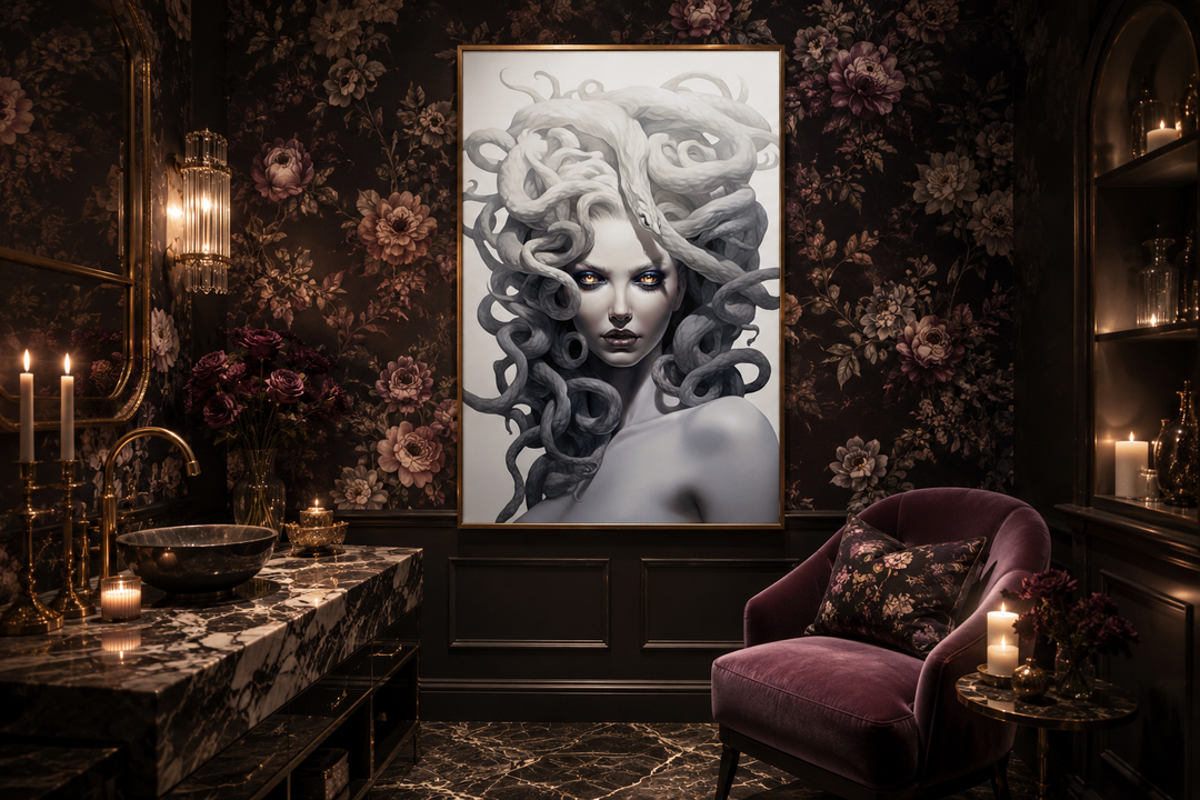White Medusa Greek Gorgon framed canvas wall art in a dark, floral-themed room.